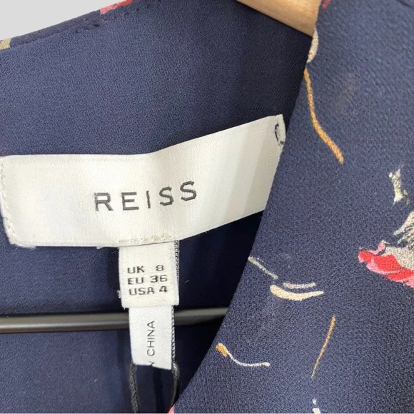Reiss Navy Louise Floral Print Mesh Trim Dress NWT - Picture 5 of 9
